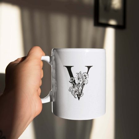 Primgi 11 oz Ceramic Alphabet-V Printed Coffee Mug